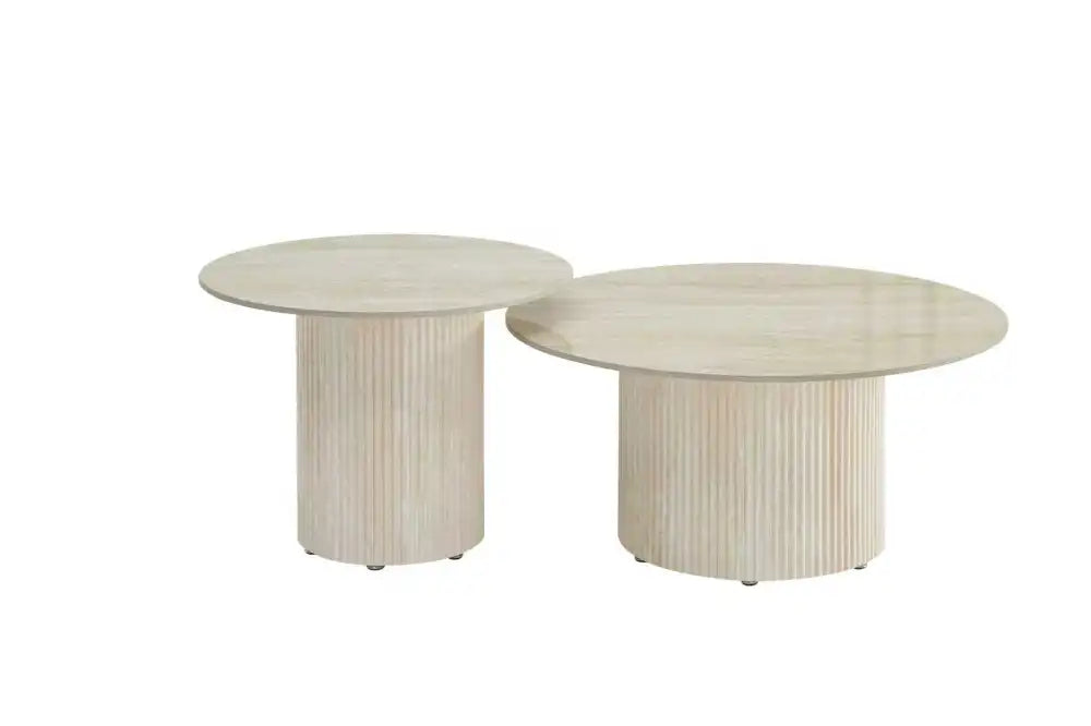 Duo Tables Gigognes Rondes Céramique Travertin Brillant & Pied Travertin Ø80 cm – BAIETA