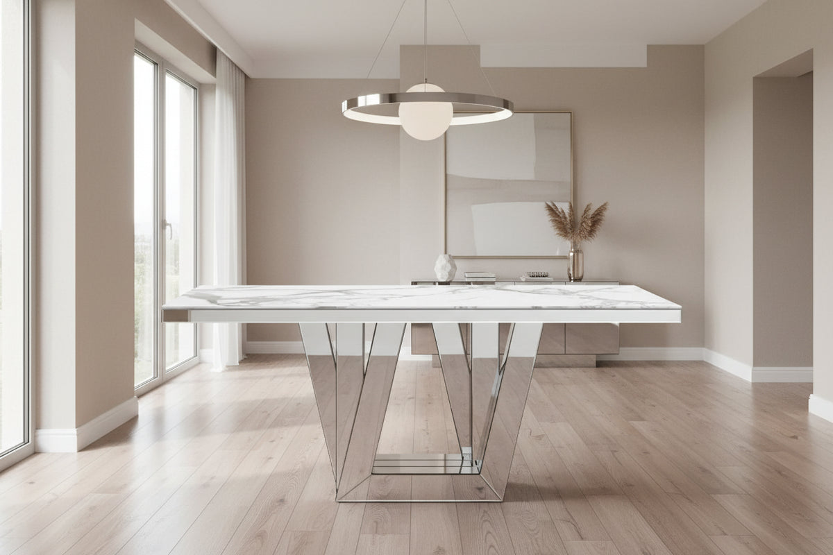 Table à manger ELEGANCE miroir plateau marbre blanc