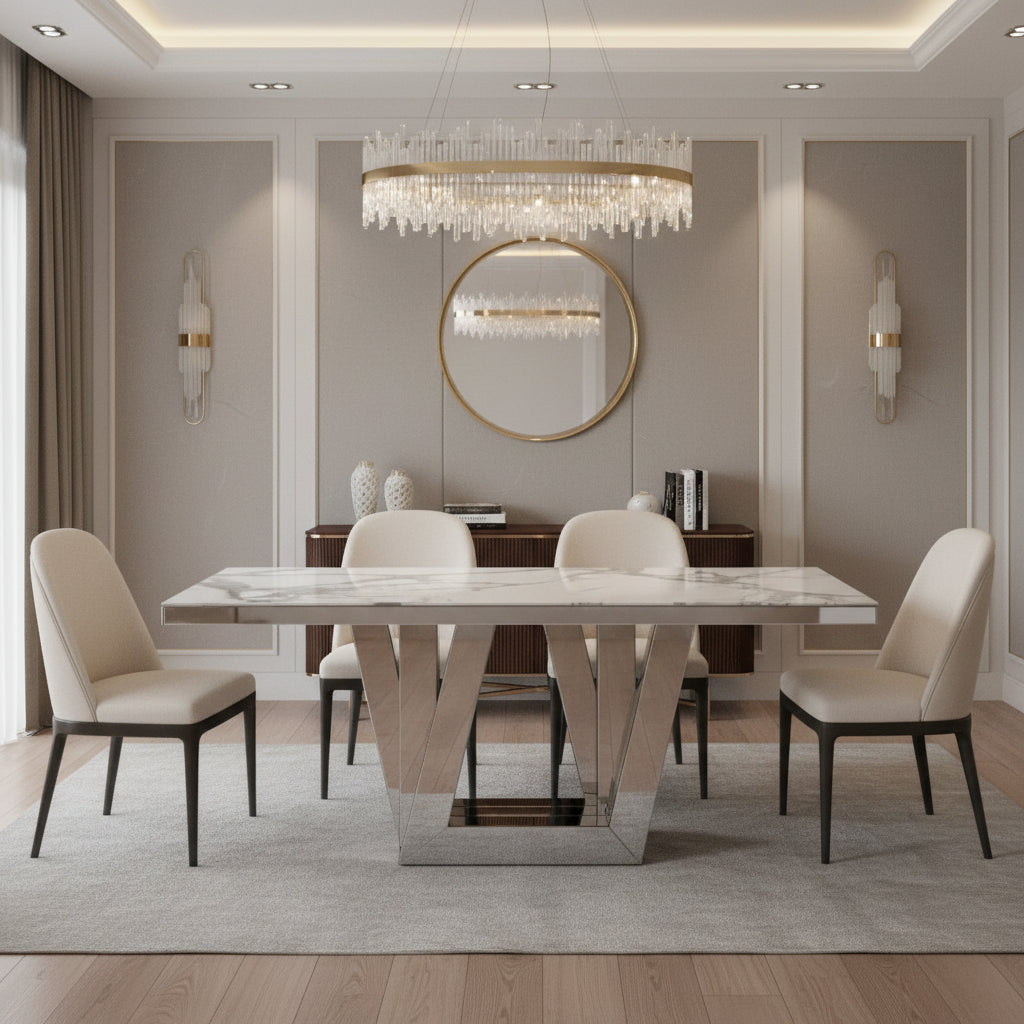 Table à manger ELEGANCE miroir plateau marbre blanc