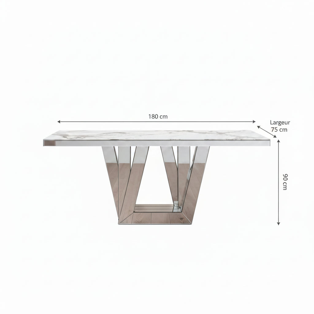 Table à manger ELEGANCE miroir plateau marbre blanc