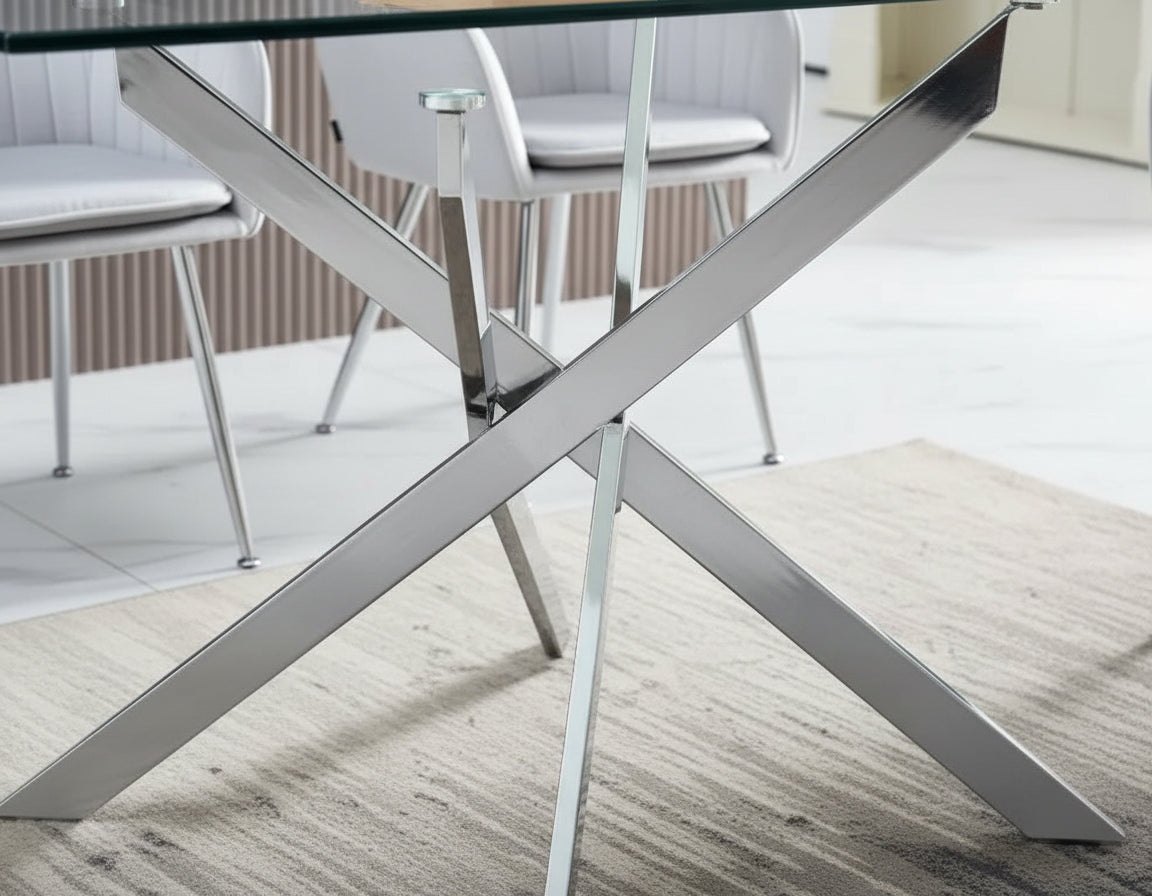 Table Repas JESSICA Chrome et plateau en verre 150 cm 4 à 6 couverts transparent