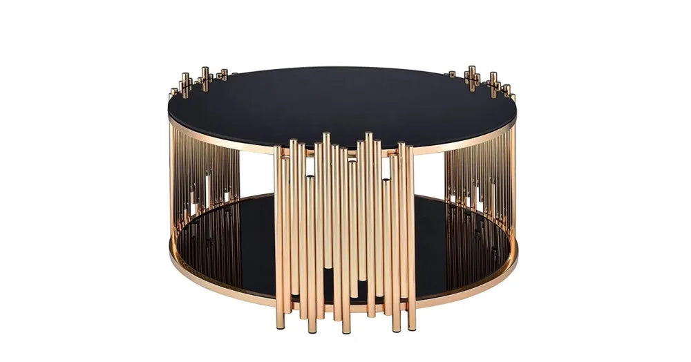 Table Basse ronde STICK Gold et plateau en verre NOIR D90 H45 cm