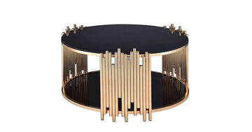 Table Basse ronde STICK Gold et plateau en verre NOIR D90 H45 cm