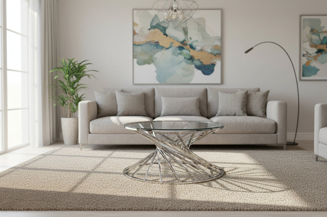 Table Basse NAUTILUS Ronde Plateau Verre Trempé Transparent Pieds Chrome D80x45cm