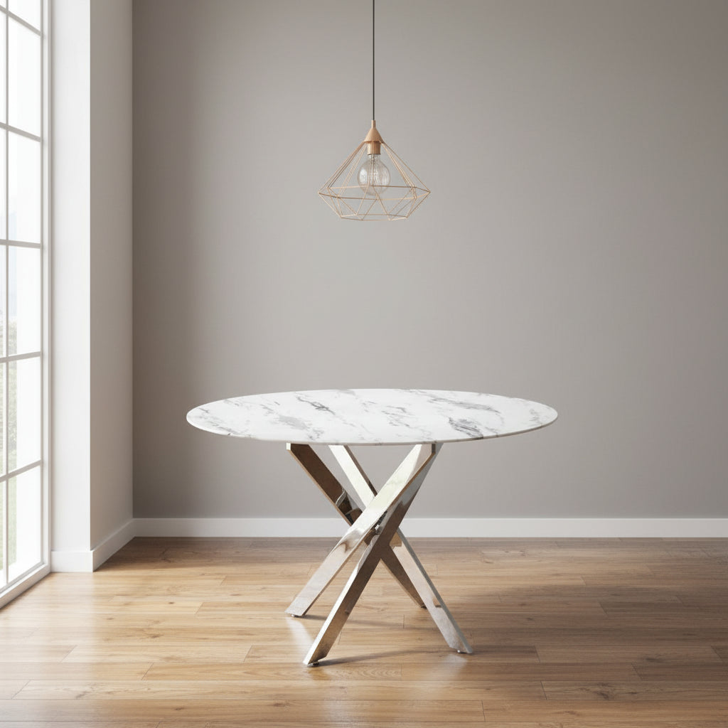 Table à manger ronde JESSICA chrome 100 cm 4 couverts #couleur_marbré-blanc