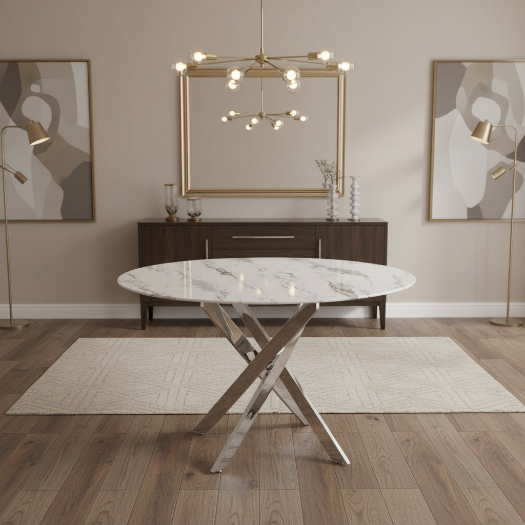Table a manger ronde JESSICA chrome XXL 120 cm 4 couverts #couleur_marbré-blanc