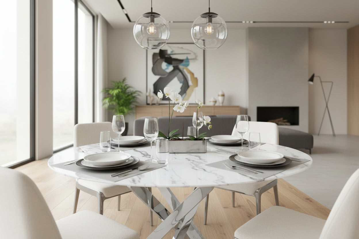 Table à manger ronde verre effet marbré blanc pieds chrome Ø100 cm JESSICA