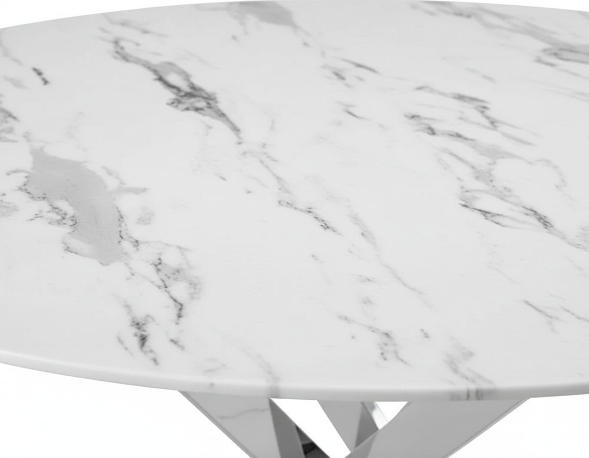 Table à manger ronde JESSICA chrome 100 cm 4 couverts #couleur_marbré-blanc