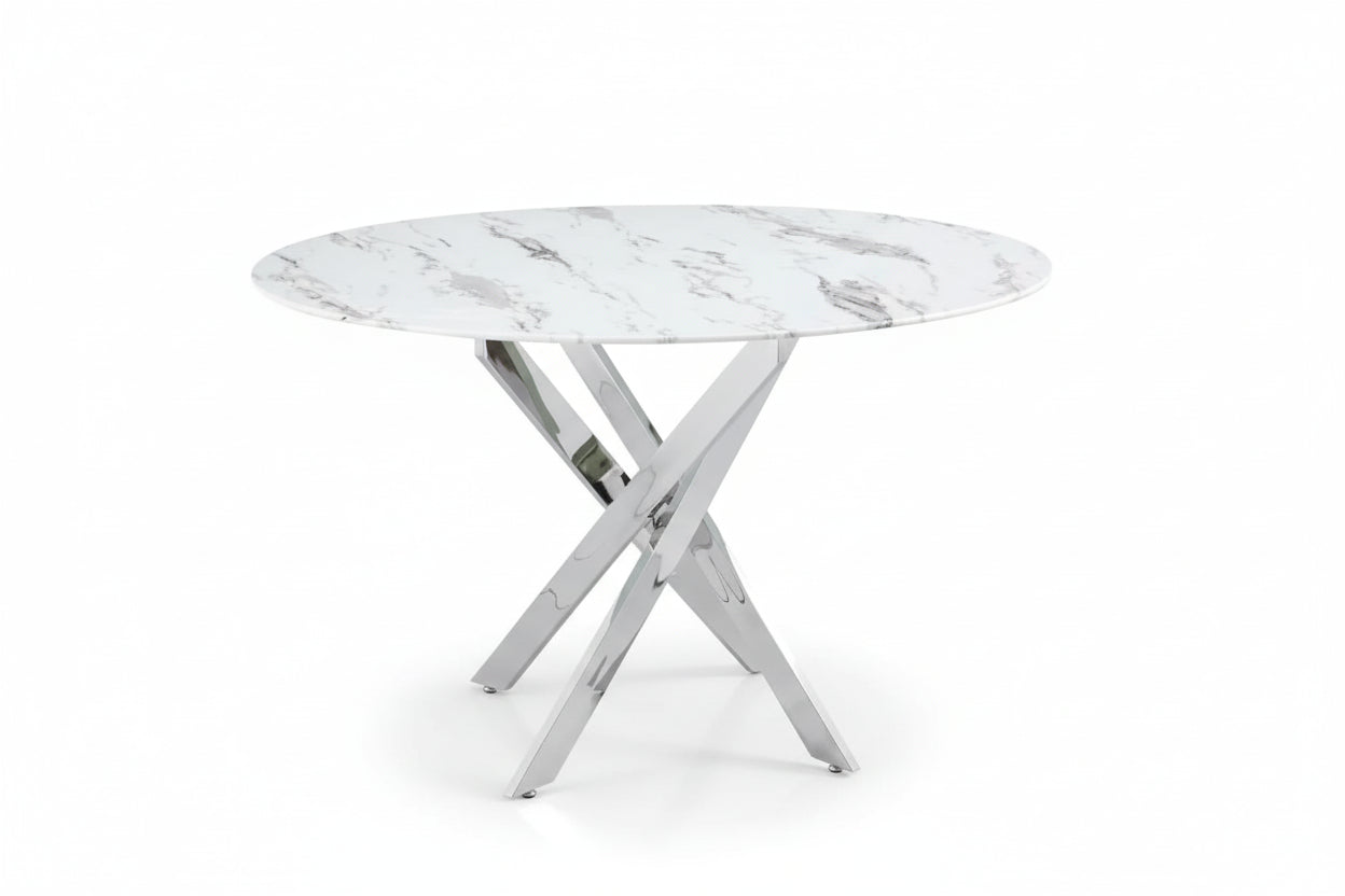 Table à manger ronde verre effet marbré blanc pieds chrome Ø100 cm JESSICA