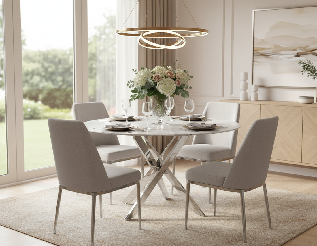 Table à manger ronde JESSICA chrome 100 cm 4 couverts #couleur_marbré-blanc