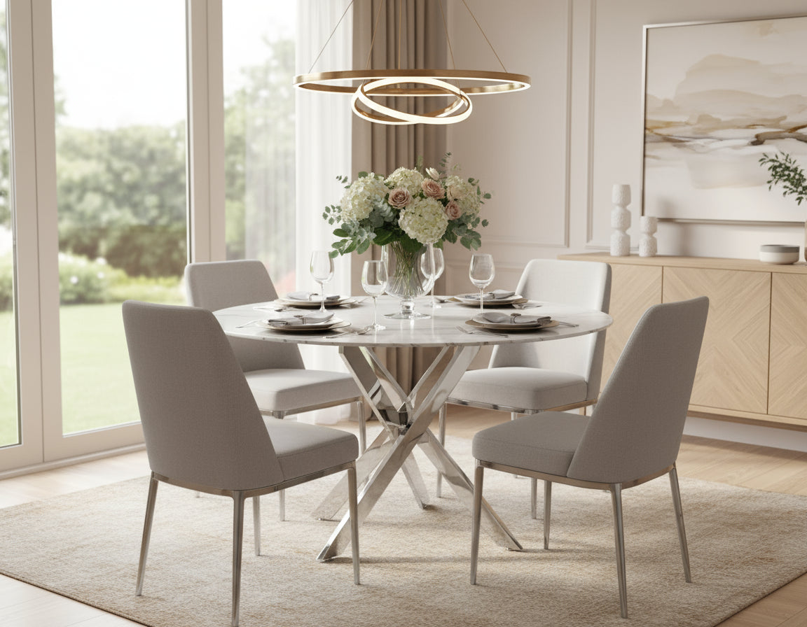 Table à manger ronde JESSICA chrome 100 cm 4 couverts #couleur_marbré-blanc