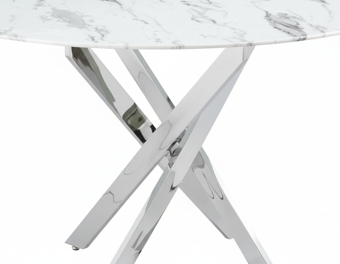 Table à manger ronde JESSICA chrome 100 cm 4 couverts #couleur_marbré-blanc