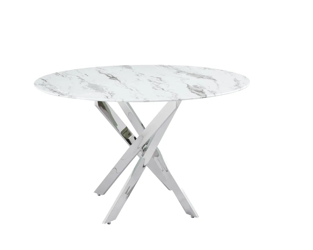 Table a manger ronde JESSICA chrome XXL 120 cm 4 couverts #couleur_marbré-blanc