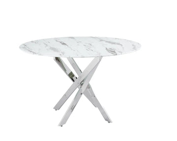 Table a manger ronde JESSICA chrome XXL 120 cm 4 couverts #couleur_marbré-blanc