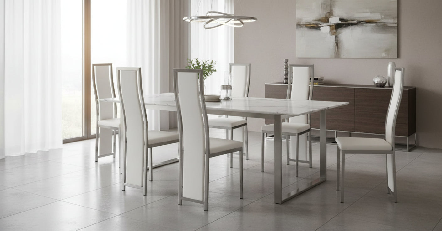 Lot de 6 chaises Dana simili cuir blanc contour chromé