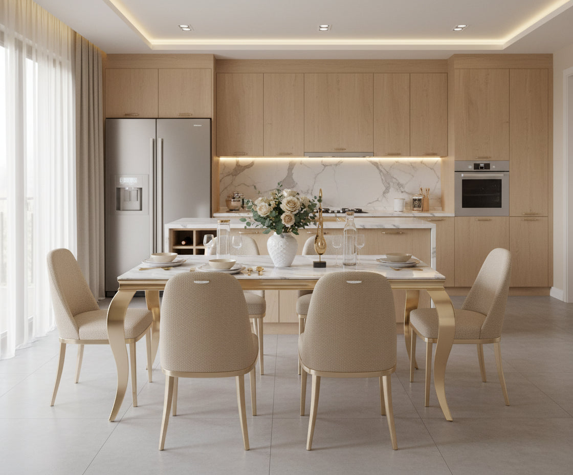 Table à manger BAROQUE 4 à 6 couverts 150x90 cm pieds gold plateau en verre effet marbré blanc
