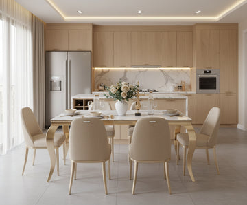 Table à manger BAROQUE 4 à 6 couverts 150x90 cm pieds gold plateau en verre effet marbré blanc