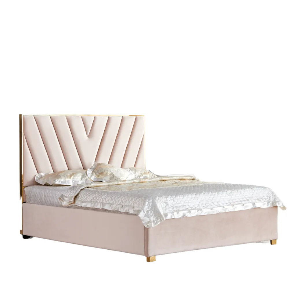 Lit adulte VERA 140x190 cm en velours beige avec sommier intégré