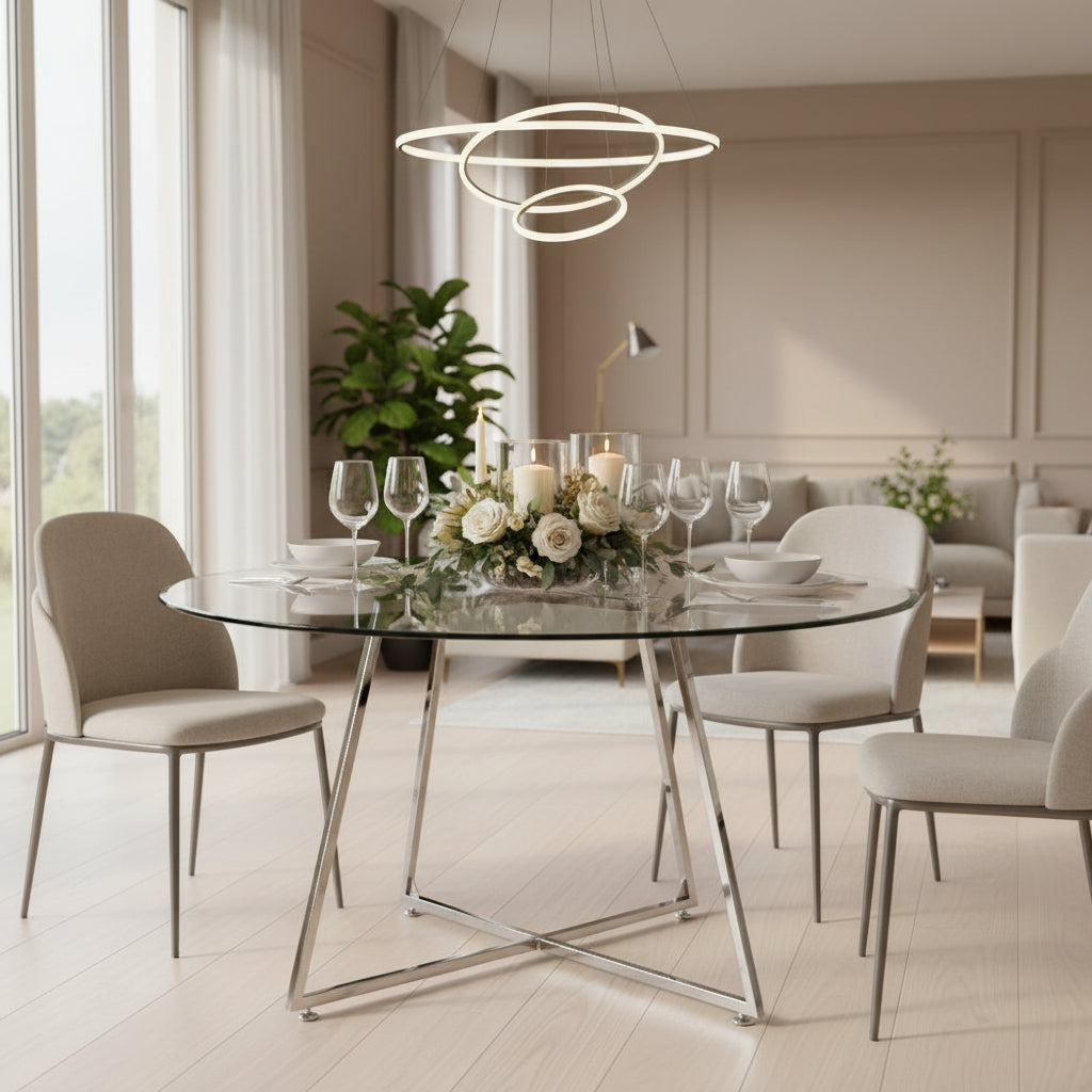 Table à manger ronde HELOISE Chrome - Plateau Transparent D120 cm