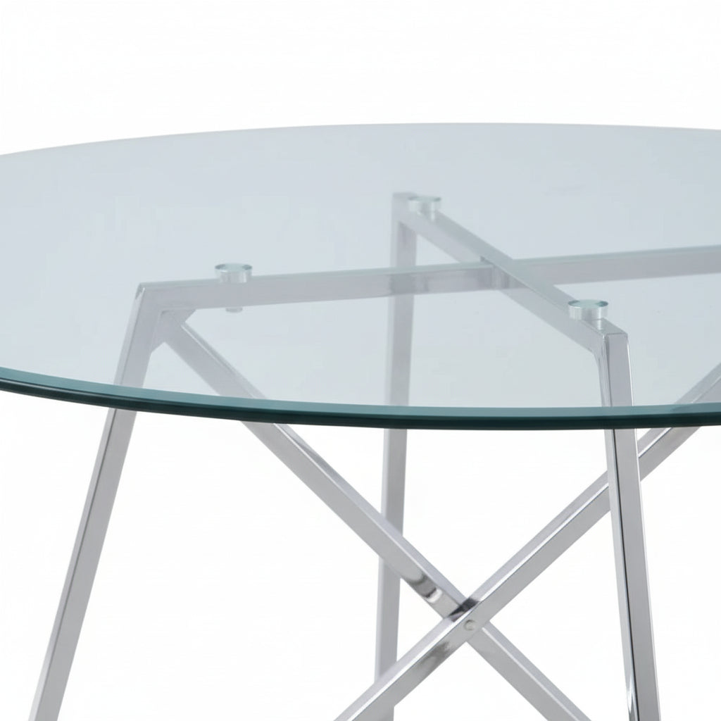 Table à manger ronde HELOISE Chrome - Plateau Transparent D120 cm