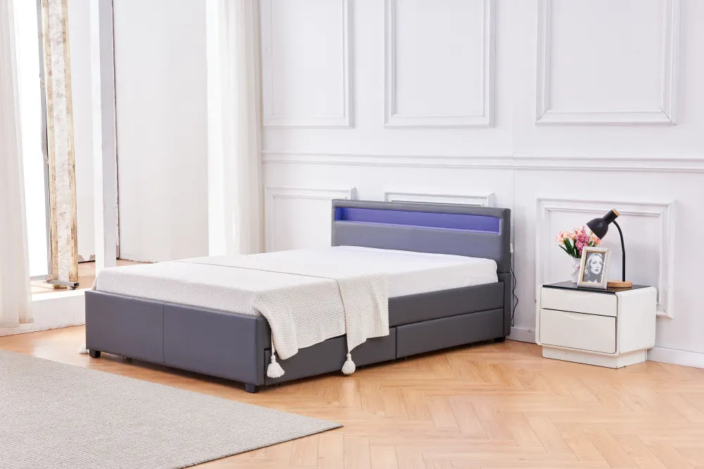 Lit adulte 160x200 cm TIROIRS et LED sommier inclus gris