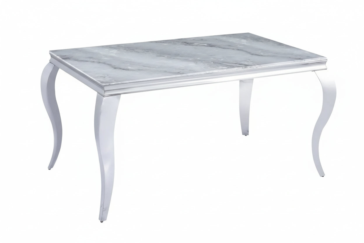 Table à manger BAROQUE 4 à 6 couverts pieds chrome plateau en verre 150x90 cm #couleur_marbré-greige