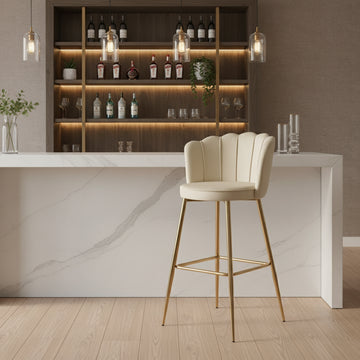 Lot 2 Tabourets de Bar Nymphea Velours Beige Pieds Gold