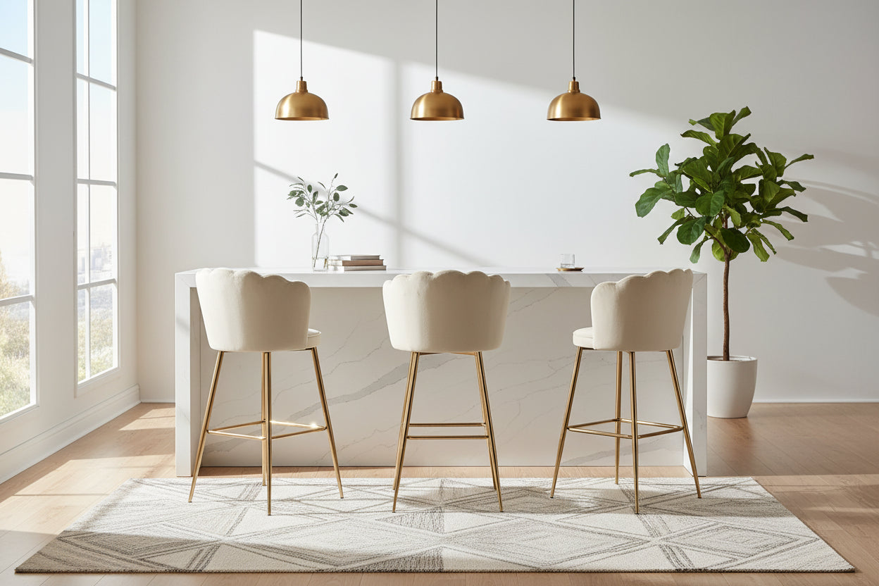Lot 2 Tabourets de Bar Nymphea Velours Beige Pieds Gold