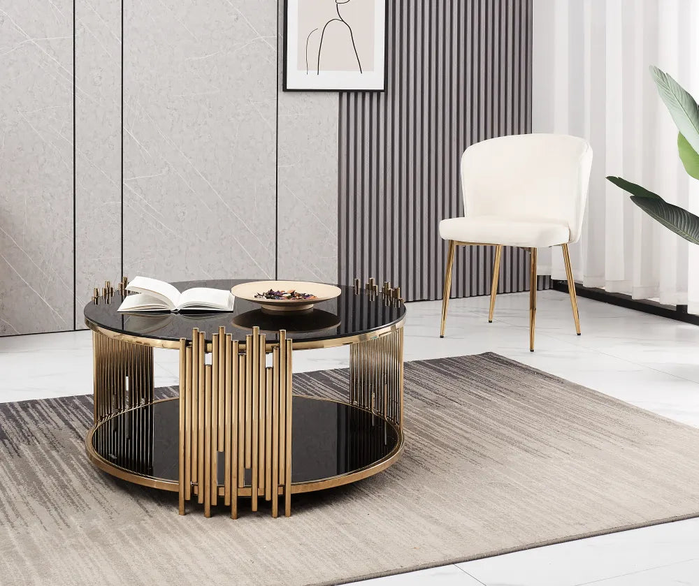 Table Basse ronde STICK Gold et plateau en verre NOIR D90 H45 cm