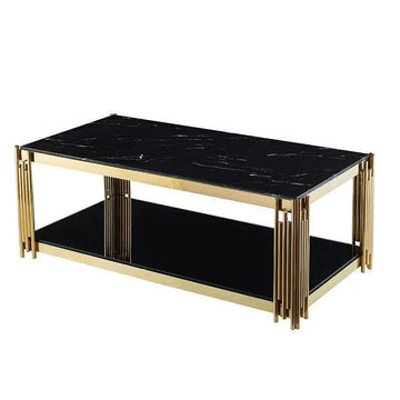 Table Basse FLUTE Rectangle Double Plateau Verre Trempé Marbré Noir Structure Gold 120x60x45cm