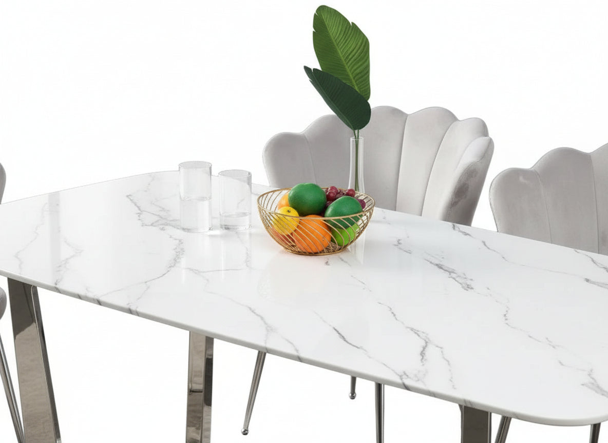 Table à manger GOSSIP plateau en Granite Marbré Blanc - Chrome