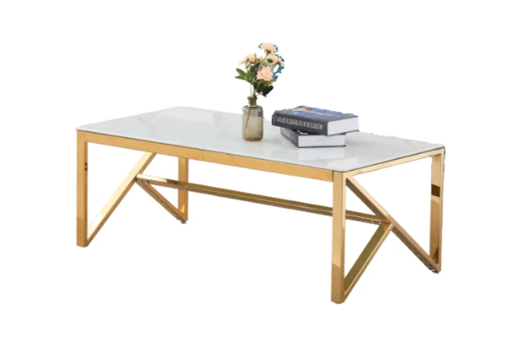 Table Basse MAJESTIQUE Gold et plateau en verre 120x60x45cm - Marbré blanc