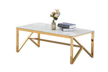 Table Basse MAJESTIQUE Gold et plateau en verre 120x60x45cm - Marbré blanc
