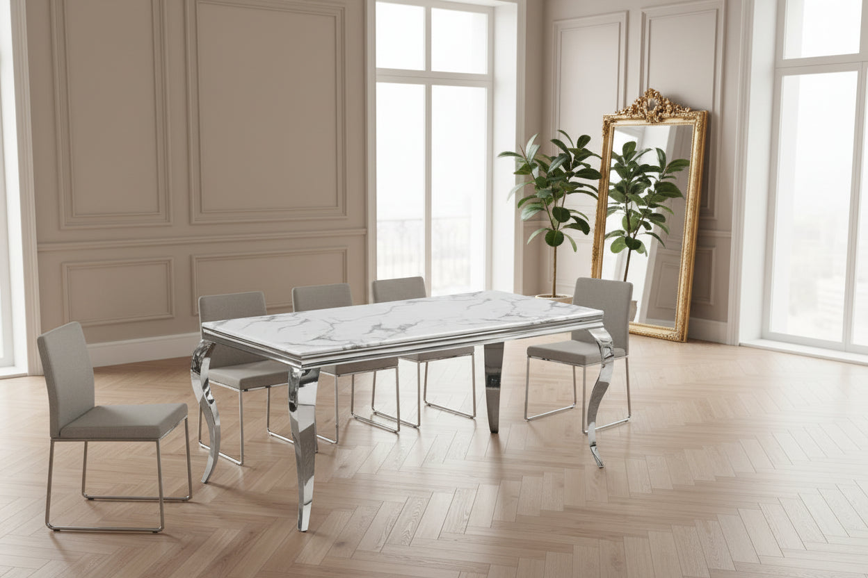 Table à manger verre effet marbre blanc chrome 180x90 cm BAROQUE