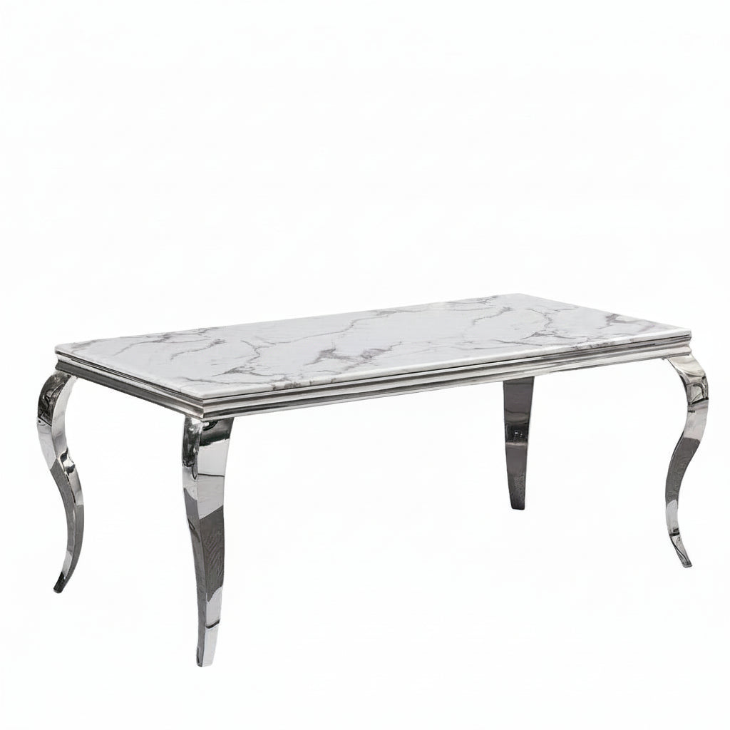 Table à manger verre effet marbre blanc chrome 180x90 cm BAROQUE