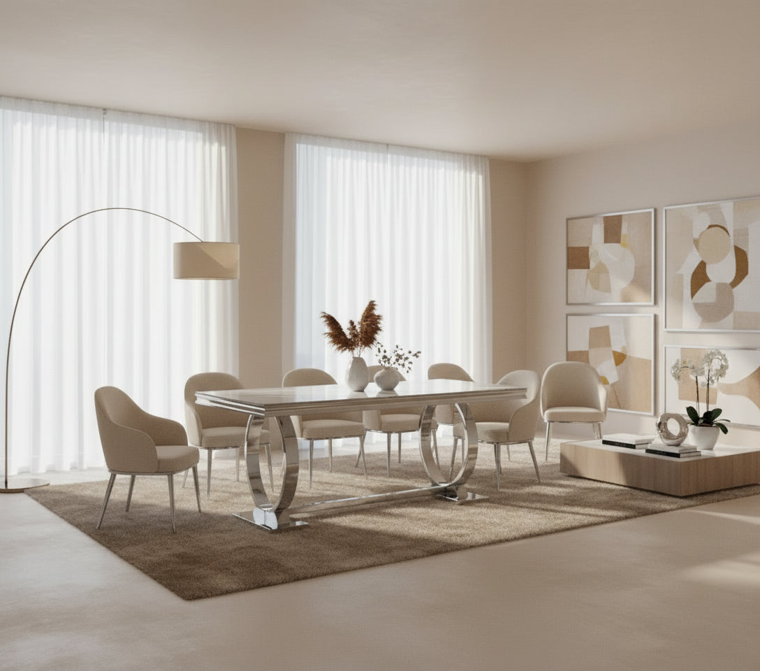 Table à manger 6 à 8 personnes OMEGA Chrome verre 180x90 cm #couleur_marbré-blanc