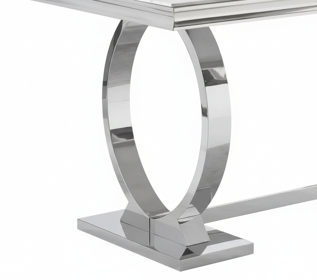 Table à Manger Rectangulaire Verre Marbré Blanc & Chrome – 180×90×75 cm – OMEGA
