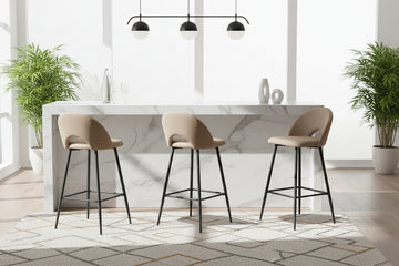 Lot 2 Tabourets de Bar Teddy Velours Taupe Pieds Métal Noir 47x36x98cm
