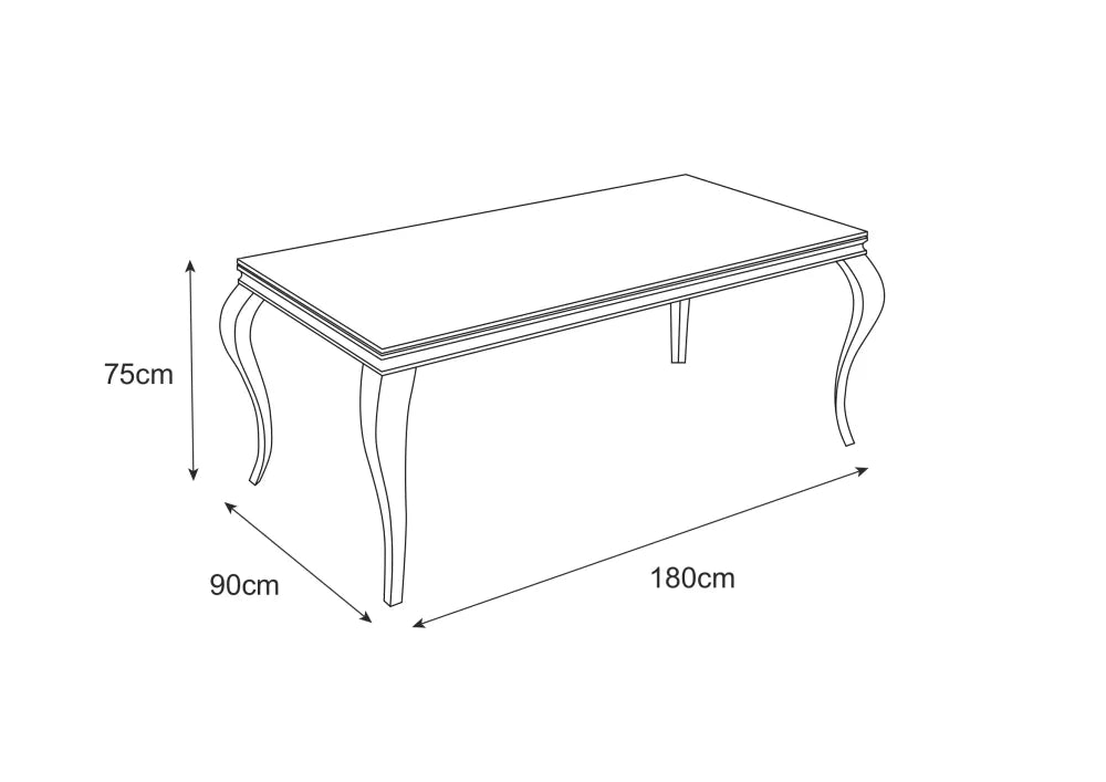 Table à manger BAROQUE 6 à 8 couverts 180x90 cm pieds gold plateau en verre blanc