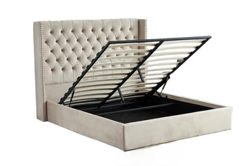 Lit COFFRE 2 places 180X200 cm CLOUTE velours BEIGE