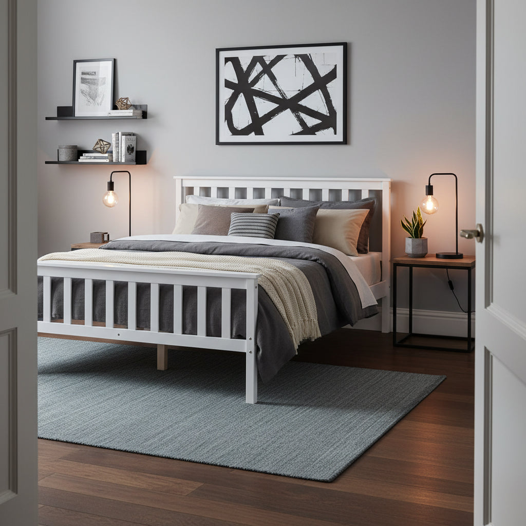 Lit 140x190 en bois massif blanc sommier lattes inclus - BATNA