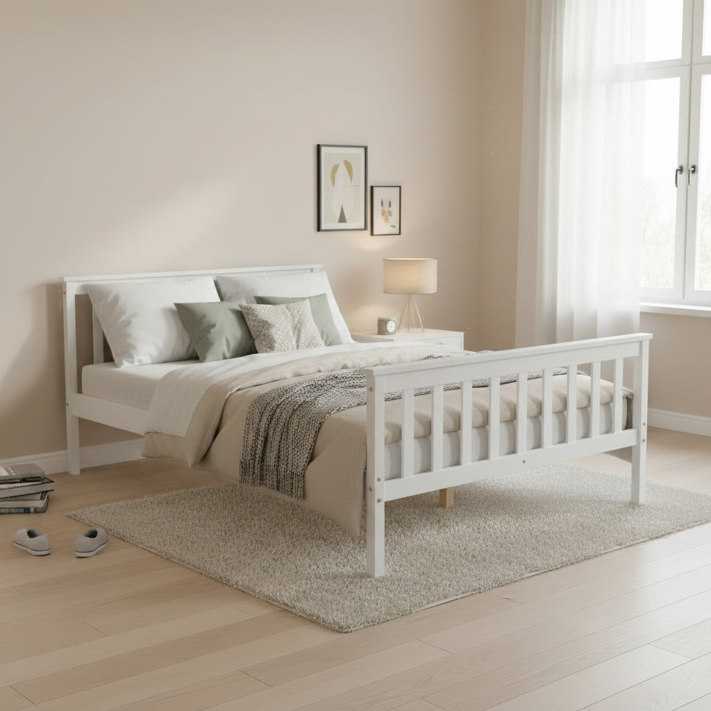Lit 140x190 en bois massif blanc sommier lattes inclus - BATNA