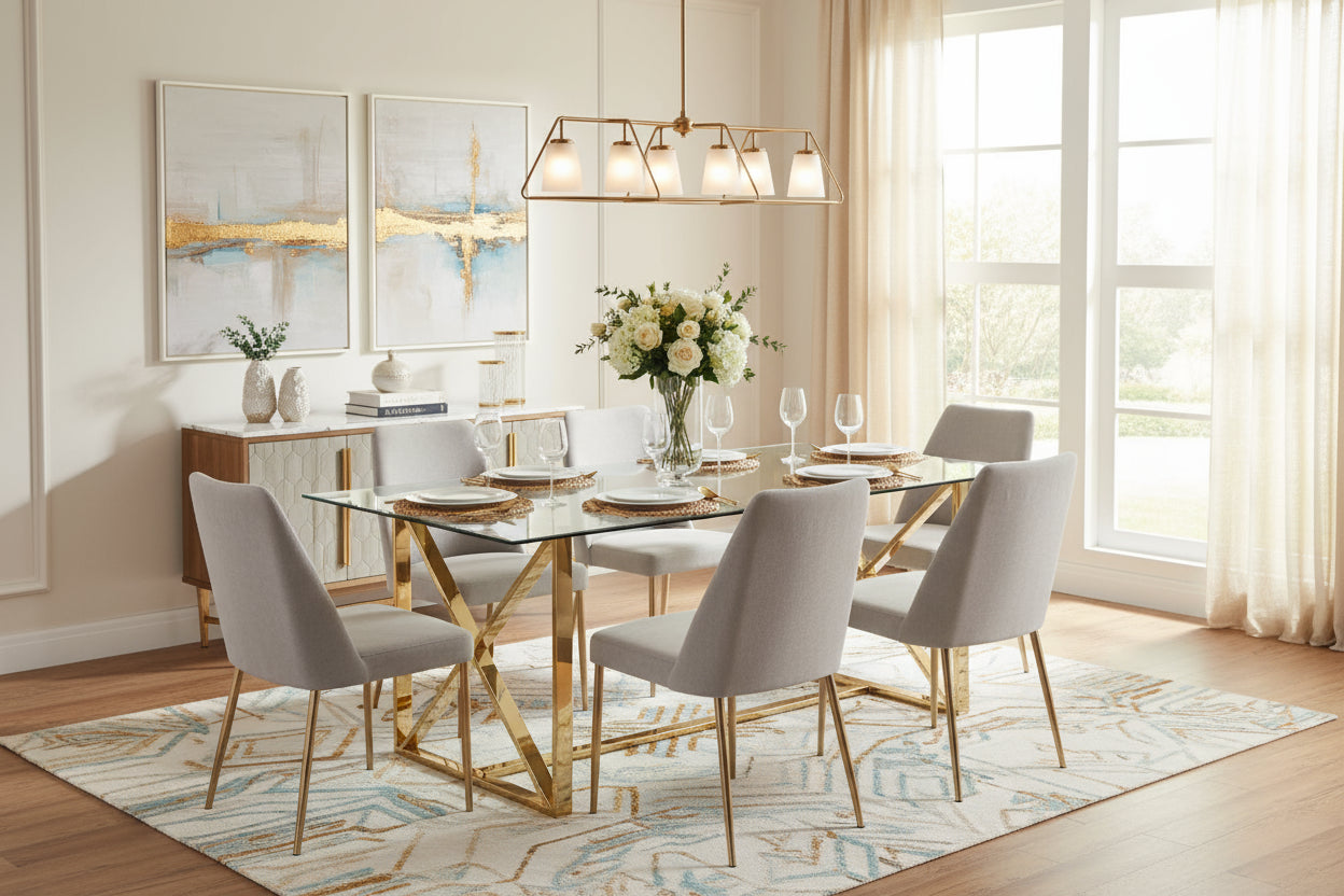 Table à manger KENSY doré 180x90 cm verre transparent