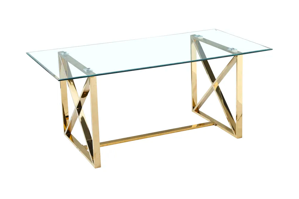 Table à manger verre transparent pied métal doré 180x90 cm KENSY