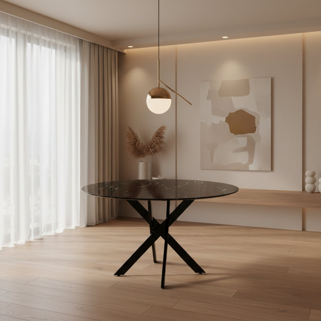 Table a manger ronde JESSICA Métal noir XXL 120 cm 4 couverts #couleur_marbré-noir
