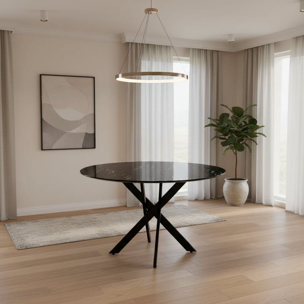 Table à manger ronde MARBRE NOIR JESSICA Métal noir 100 cm 4 couverts