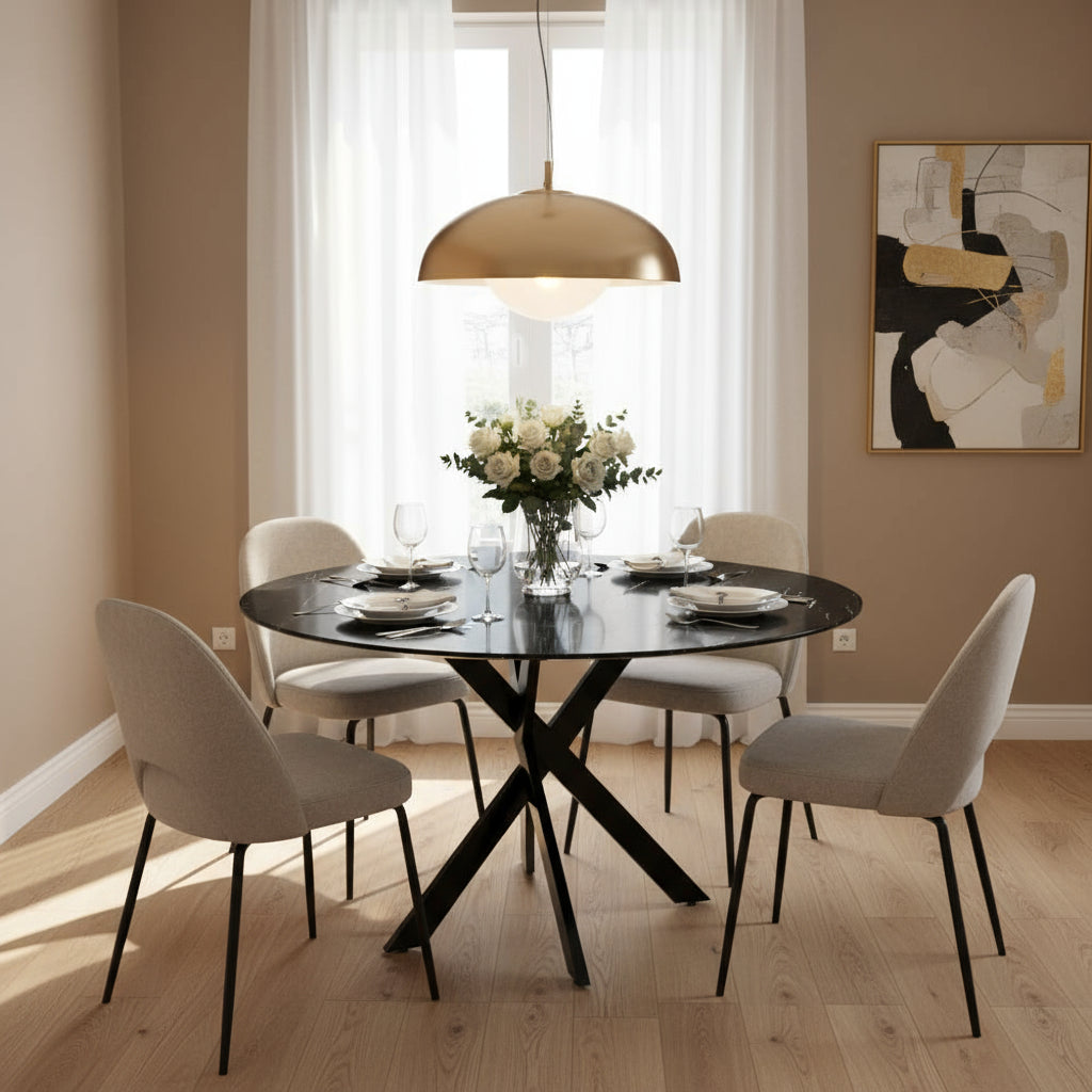 Table à manger ronde JESSICA Métal noir 100 cm 4 couverts #couleur_marbré-noir