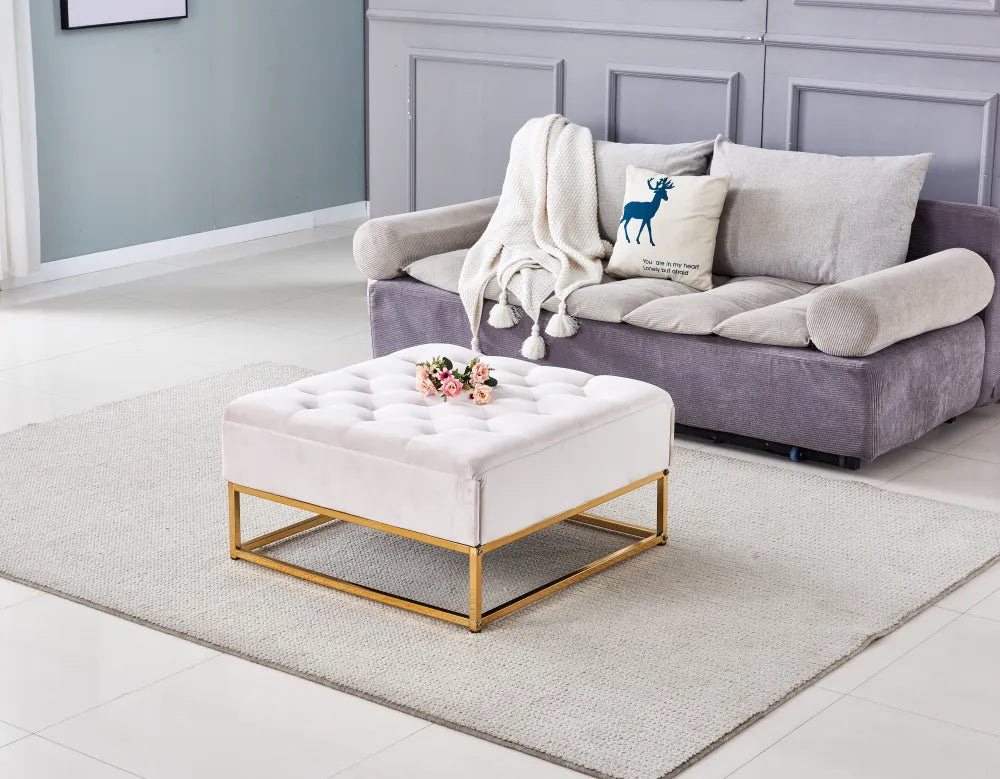 Pouf Coffre TIROIRS Carré Plateau Velours Capitonné Écru 80x80x43cm 2 Tiroirs