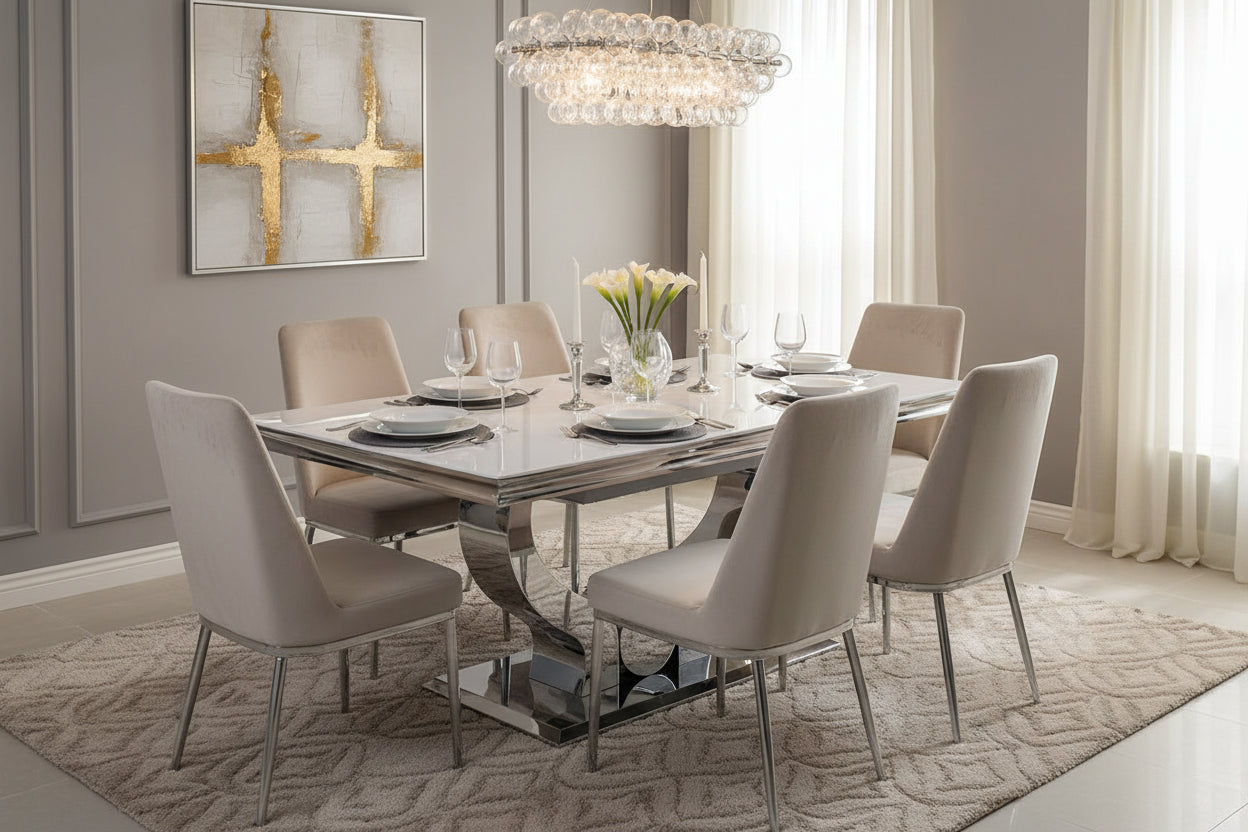 Table à manger plateau en verre blanc 150x90 cm TROFY