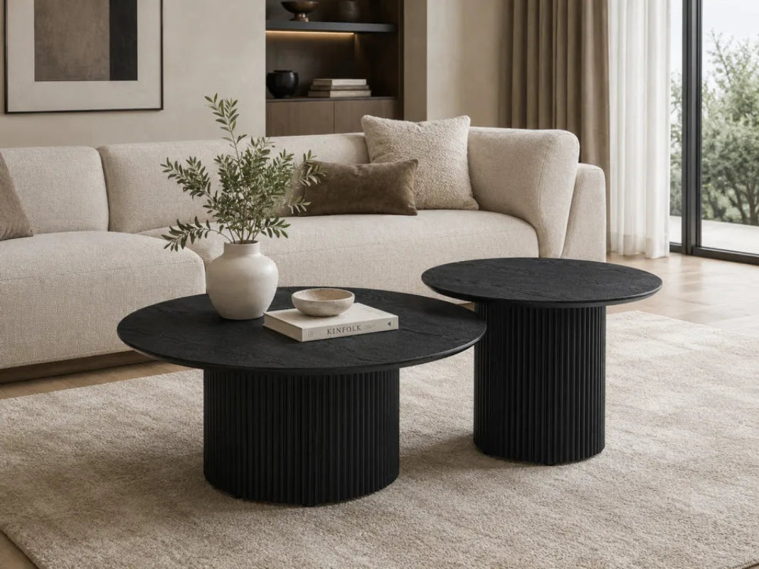Duo Tables Gigognes Rondes Plateau Noir Mat & Métal Noir Ø80 cm – BAIETA